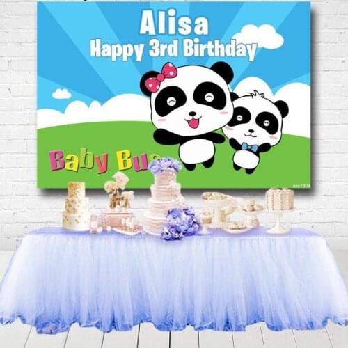 Cute Panda Birthday Party Backdrops For Photo Studio Cartoon Sky Blue Clouds Green Grass Photography Backgrounds Custom