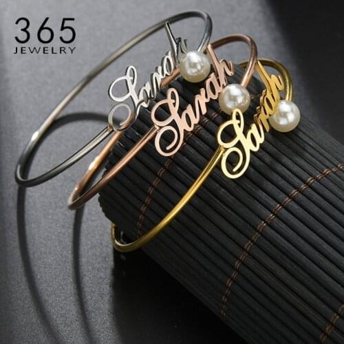 Fashion Stainless Steel Customied Bangle Personalized Nameplate Letter Pearl Bracelet For Women Girl Jewelry Wedding Party Gift