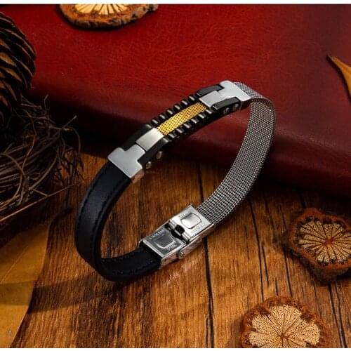 Fashion Men Bracelet Luxury Black Leather Bangles Bracelets For Male Jewelry Classic Stainless Steel Bracelet For Boy