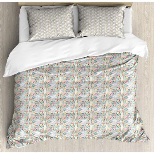 Botanical Duvet Cover Set Colorful Print of Endemic Flowers and Branches 3 Piece Bedding Set Coral Multicolor