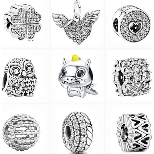 New Owl Angel Wings White Zirconia Sparkling Beads Fit Original Pandora Charms Silver Color Bracelets Europe Women Jewelry