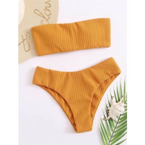 Sexy Yellow Bandeau Bikini Tanga 2021 Mujer Swimsuit Women Swimwear Brazilian Thong Two Piece Bikinis Set Femme Bathing Suit