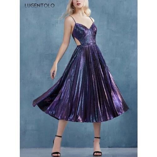Sexy Princess Dress Women Sleeveless Backless Glossy Pleated Party Dresses Female Elegant V-neck Big Swing Dress Lugentolo