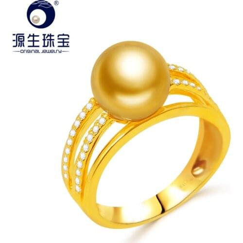 YS Luxury 925 Sterling Silver Ring 9-10mm Natural Gold Saltwater South Sea Pearl Ring Fine Jewelry