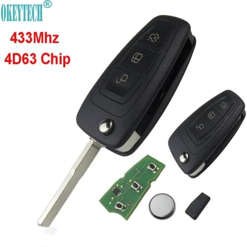 Okeytech 3 Button Flip Folding Remote Control Auto Car Key 433Mhz 4D63 Chip for Ford Focus Mk1 Mondeo Transit Fiesta HU101 Blade