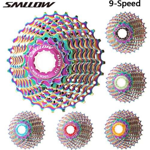 SMLLOW 9 Speed 11-13-15-17-19-21-23-25-28T MTB Colorful Cassette Freewheel Chrome-Molybdenum Steel Flywheel Rainbow Chain Parts