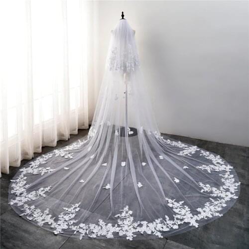 White/Ivory Wedding Veils Long Full Lace Edge Floral Two-Layer Face-Covered Blusher Applique Bridal Veil With Comb velo de novia