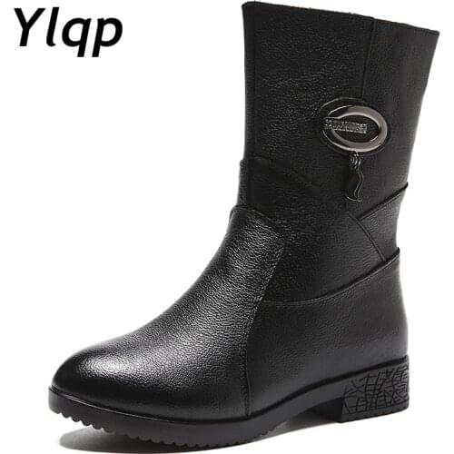 2020 New Women Platform Boots Genuine Leather Ladies Square Heels Round Toe Mid-Calf Boots Woman Shoes Female Winter Boots Black