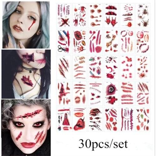 30pcs/pack Halloween Tattoo Stickers Horror Bleeding Suture Scars Stickers Halloween Cosplay Decoration Halloween Party Favor-S