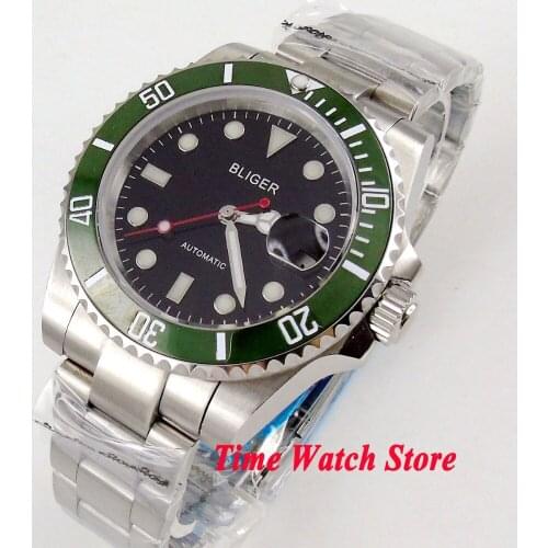 40mm Bliger Miyota 8215 Automatic wrist watch men sapphire glass waterproof Luminous black dial green ceramic bezel dive steel
