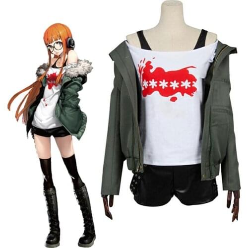 Anime cosplay persona 5 cosplay costume halloween Party futaba sakura uniforms jacket + t-shirt + shorts belt socks glasses set