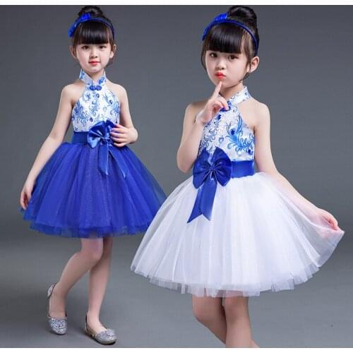 New childrens blue and white porcelain costumes childrens guzheng performance fluffy skirt girls chorus dance dress