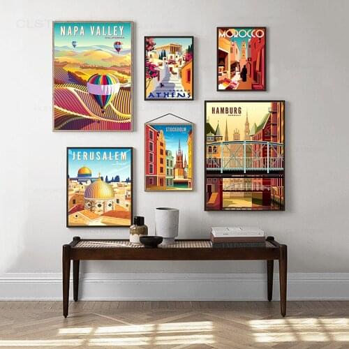 Europe World City Tour Travel Scenery Poster Vintage Napa Valley Greece Landscape Wall Art Canvas Painting for Home Decoration
