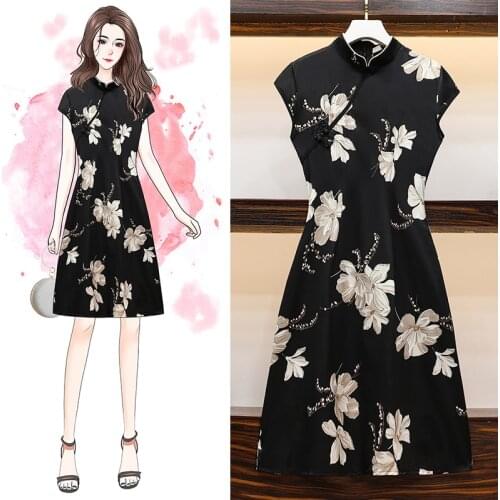 INS M-4XL Plus Size Vintage Chinese black Traditional Qipao 2020 New Casual Party Women Midi Dress Summer Cheongsam Dresses