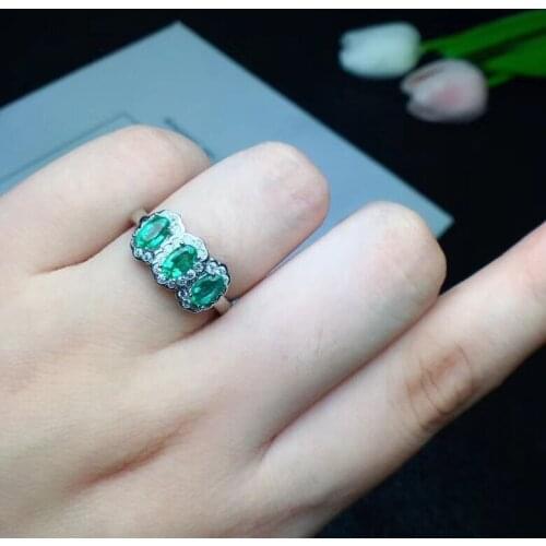 Emerald ring Free shipping Natural real emerald 925 sterling silver 3*5mm 3pcs Fine jewelry