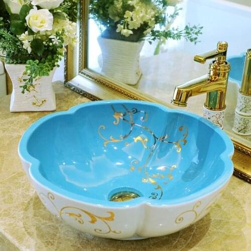 Jingdezhen Bathroom ceramic sink wash basin Porcelain Counter Top Wash Basin Bathroom Sinks laundry basin sink flower shape