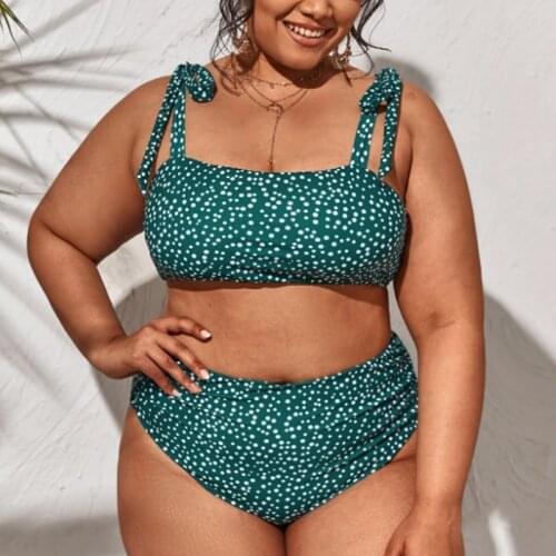 Dots Print Women Plus Size Bikini Push Up Padded Bandeau Swimwear Tied Shoulder Bathing Suit Large Size High Waist Swimsuit 4XL