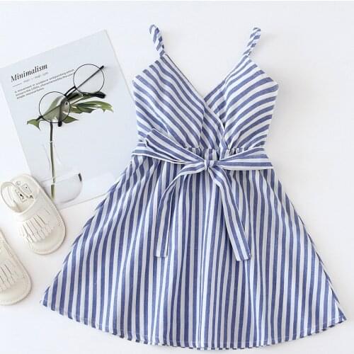 Summer Girls Striped Dress 2021 New Sleeveless Kids Clothes for 2 3 4 5 6 Year Girl V-neck A-line Toddler Children Outfits