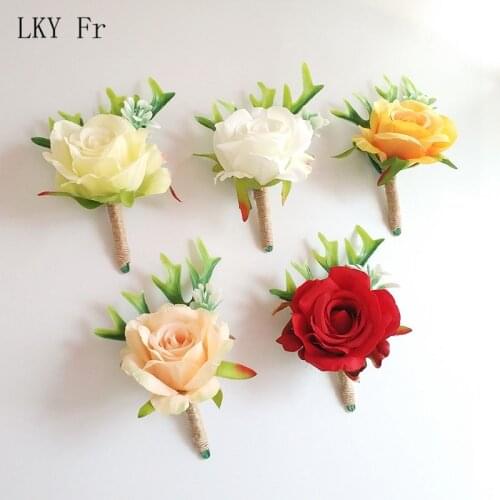 LKY Fr Boutonniere Flowers Corsages Wedding Silk Roses Red Groomsman Buttonhole Men Wedding Bracelet for Bridesmaid Corsage Pins