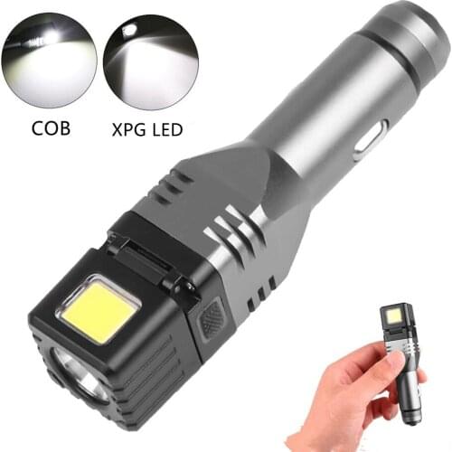 Multifunctional Car Chargeable Mini Flashlight 4 Modes Security Hammer Tail COB Flashlight Car Charger Flashlight