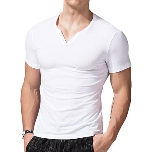Mens T-Shirts V-Neck Short Sleeve Summer Slim Fit Tee Cotton Brand