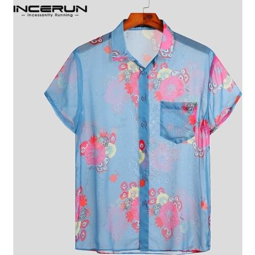Printed Men Mesh Shirt See Through Short Sleeve Lapel 2021 Beach Hawaiian Shirts Streetwear Button Party Camisas INCERUN S-5XL