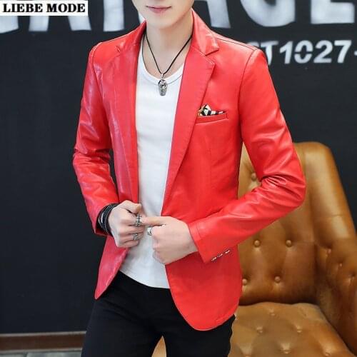 Leather Blazer Men Spring Autumn Black White Red Slim Fit Blazer Homme High Quality Mens Pu Lether Suit Jackets Long Sleeve Coat