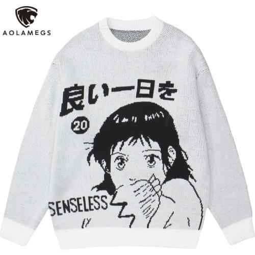 Aolamegs Sweater Men Cool Kanji Comics Girl O-Neck Pullover High Street Harajuku Knitted Tops Unisex Casual Soft Cozy Streetwear
