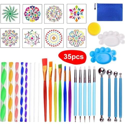 35PCS DIY Mandala Dotting Tools Set for Painting Rock Stone Mandala Stencil Template Brush Paint Tray Kit