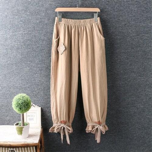 New Summer Women Literature Elastic Waist Cotton and linen Embroidered Bloomers loose Cropped Trousers