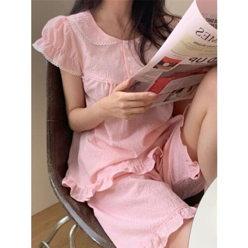 Pajamas Womens Korean Summer Japanese Plaid Lace Nightgown Sweet Suit Baby Collar Bubble Sleeve Housewear Female Sleepwear
