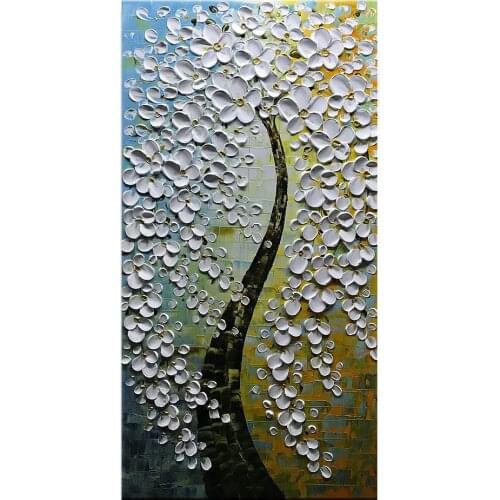 Hand Painted Flower Vertical Paintings Abstract Tree Canvas Wall Art for Living Room White Flowers Oil Paintings