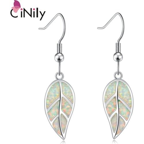 CiNily White Fire Opal Drop Earrings Silver Plated Tree Leaves Leaf Plant Dangle Earring Fashion Summer Jewelry Gifts Girl Women