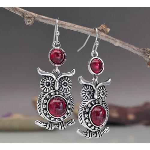 Vintage Red Round Stone Owl Earrings Lovely Animal Jewelry Thai Silver Color Statement Dangle Earrings Party Accessories