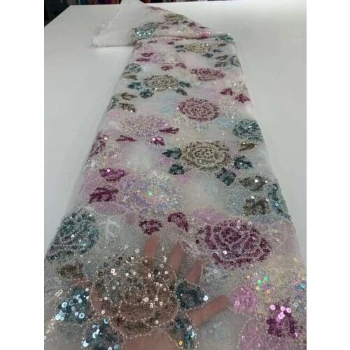 High Quality French Mesh Lace Fabric Flower Of Sequins Bead Tube Tulle Embroidery Craft Sewing DIY Design Wedding Dress 5 Yards