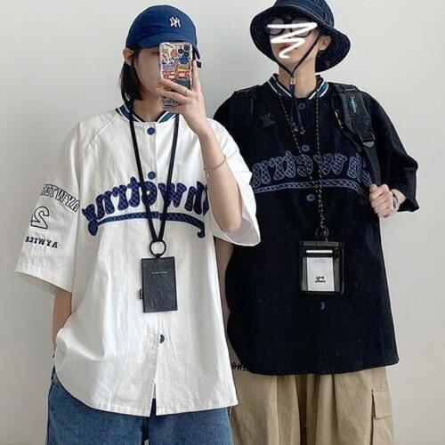 Chic Letter Embroidery V-neck Button Up Shirt Vintage American Baseball Short Sleeve Women Tops Summer Oversized T Shirt Coat