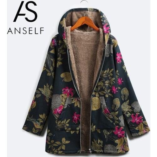 Women Faux Fur Parka 5XL Plus Size Hooded Jacket Coat Floral Print Side Pockets Warm Vintage Long Coat Outwear female tunic Tops