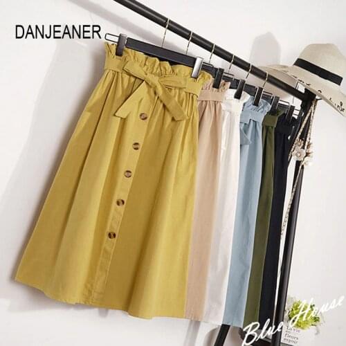 DANJEANER Spring Summer Skirts Womens A-Line Midi Knee Length Korean Elegant Button High Waist Skirt Female Pleated School Skirt