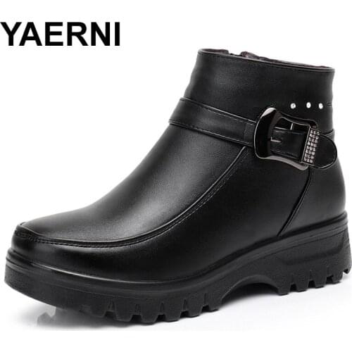 YAERNI Fashion Wool Winter Women Genuine Leather Ankle Boots Female Thick Plush Warm Snow Boots Mother Waterproof Non slip Shoes