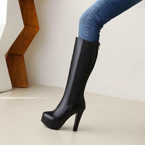 BLXQPYT Womens Designer Boots Leather Round Toe Zip Knee High Boots High Heels Gothic Shoes Fashion Sexy Super Big Size 50 702