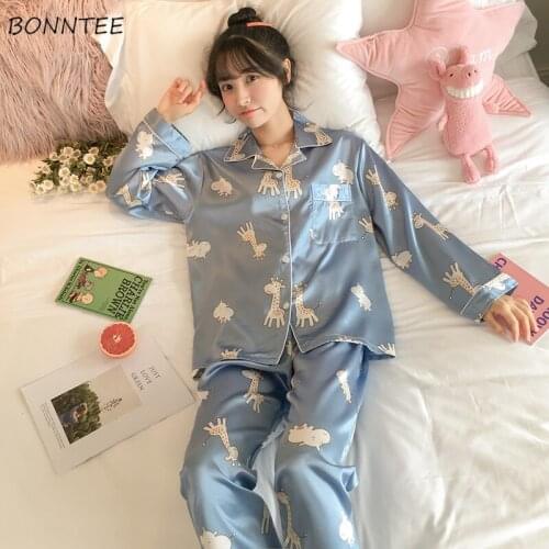 Women Pajama Sets Printed Turn Down Collar Autumn Home Wear Leisure Soft Teens Kawaii Sleepwear Loose Clothing Korean Style New
