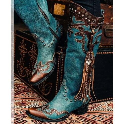 Women knee high boots booties chaussure mid heels vintage PU leather retro rivets tassels shoes woman zapatos mujer sapato