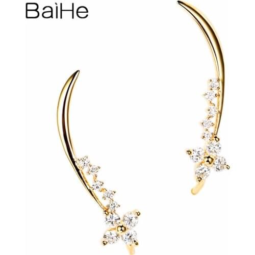 BAIHE Solid 14K Yellow Gold 0.38ct H/SI Natural Diamonds Engagement Party Trendy Fine Jewelry flower Stud Earrings for women