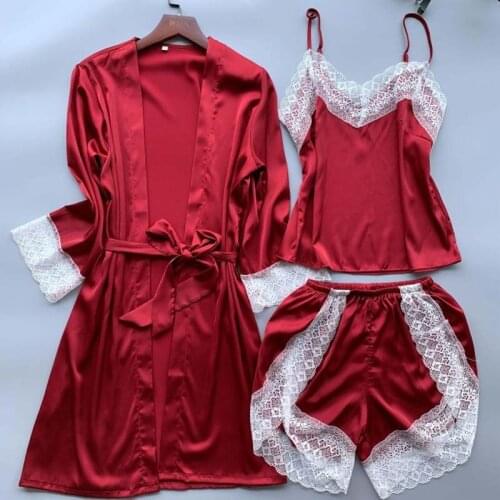 2019 Summer Women 3PCS Sleep Suit Silk Rayon Bath Robes Dress Kimono Gowns Sexy Lace Sleepwear Home Clothing M-XXL