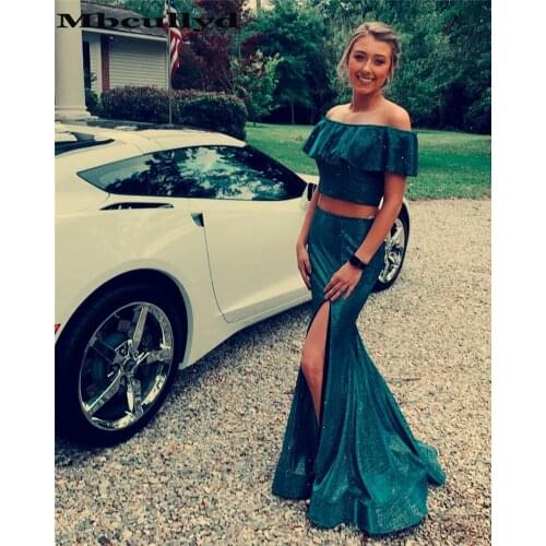 Mbcullyd Long Mermaid Prom Dresses 2020 Gorgeous Boat Neck Two Pieces Evening Party Gowns With Slit Vestidos de fiesta de noche