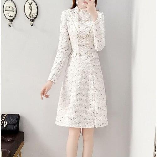 New Arrival Fitted Elegant Women Dress Pearl Button Tweed Dress Sexy Split Long Sleeve With Belt Pencil Dress Plus Size S-XXL