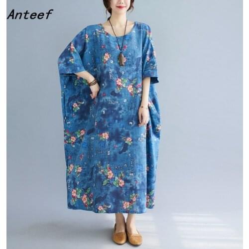 Short sleeve cotton vintage floral dresses for women casual loose woman long summer dress elegant clothes 2021