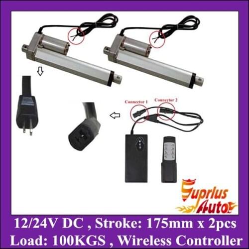 2PCS 7inch/ 175mm Stroke 12v Linear Actuator 225LBS/ 100KGS Load electric linear actuator + 1Unit Wireless Controller