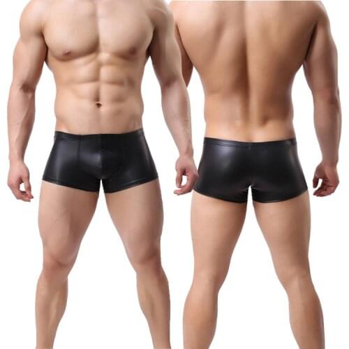 2019 New Faux Leather U Pouch Boxers Mens Sexy Siamese Boxers Sexy Underwear Black/Gold/Silver S M L XL XXL Free Shipping