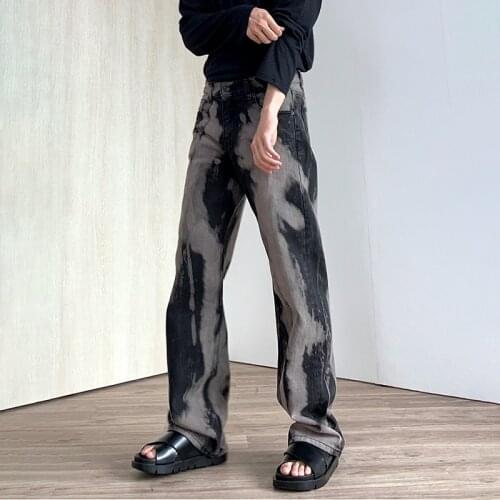 2021 Men Spring Fashion Vintage Tie Dye High Waist Jeans Men Korean Casual Trousers Streetwear Loose Wide Leg Denim Pants W489